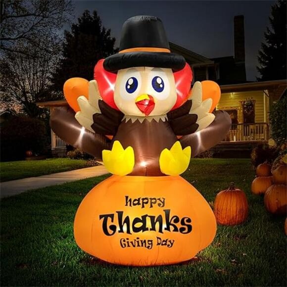 6ft Height Thanksgiving Inflatable LED Lighted Turkey on Pumpkin Blow - Picture 7 of 7